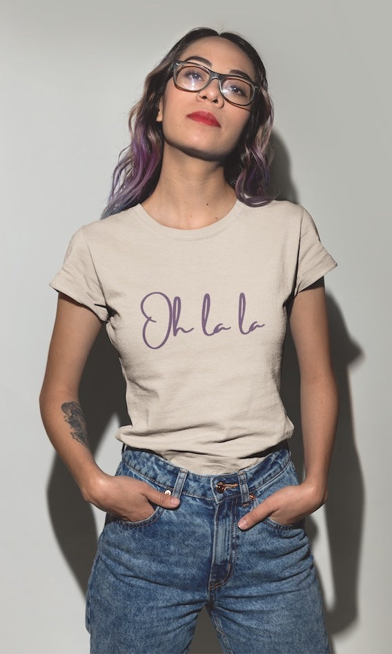 Woman wearing Oh La La T-Shirt in Soft Cream