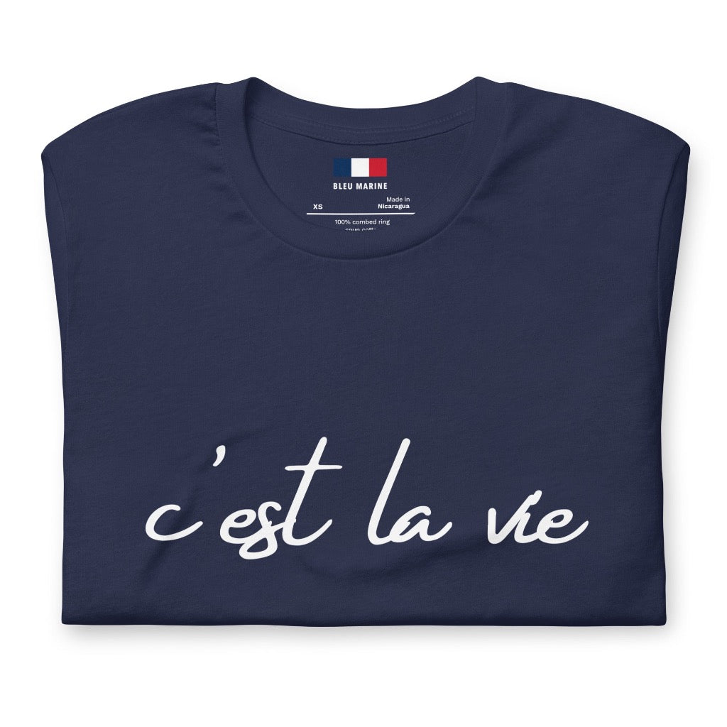 Close up of C'est La Vie T-Shirt in Navy Blue