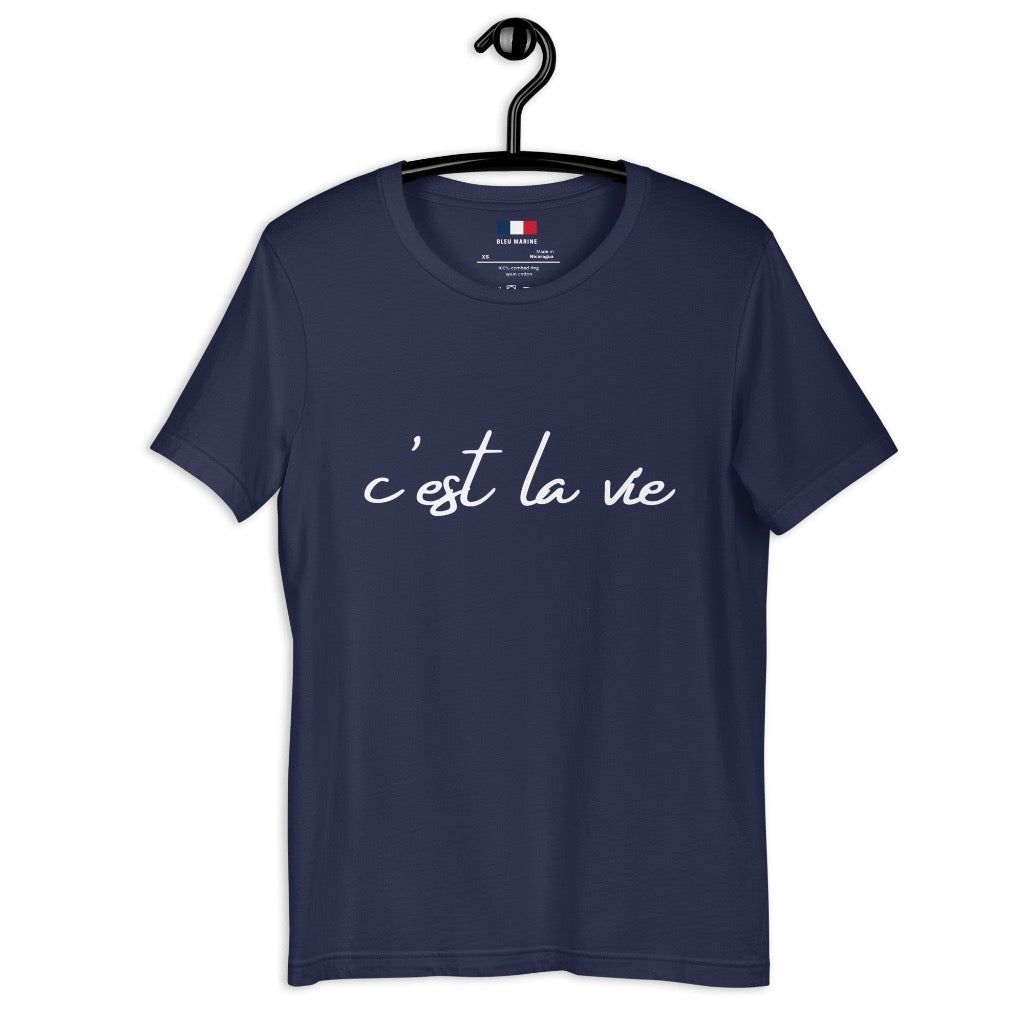C'est la Vie T-Shirt in Navy Blue on a hanger