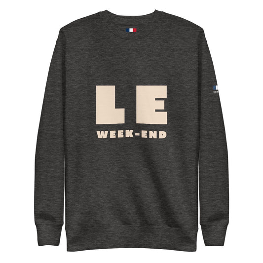Charcoal Heather Sweatshirt with LE WEEK-END printed on the front