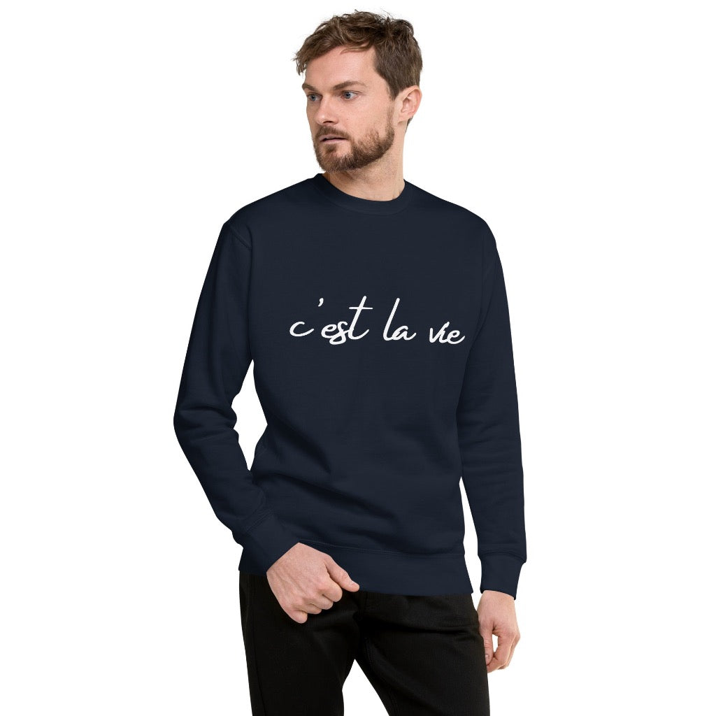 Man wearing C'est la Vie navy blue sweatshirt