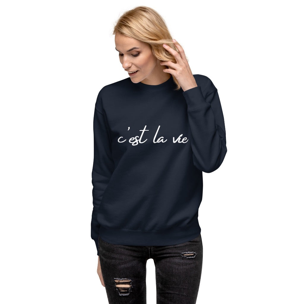 Woman wearing C'est la Vie navy blue sweatshirt