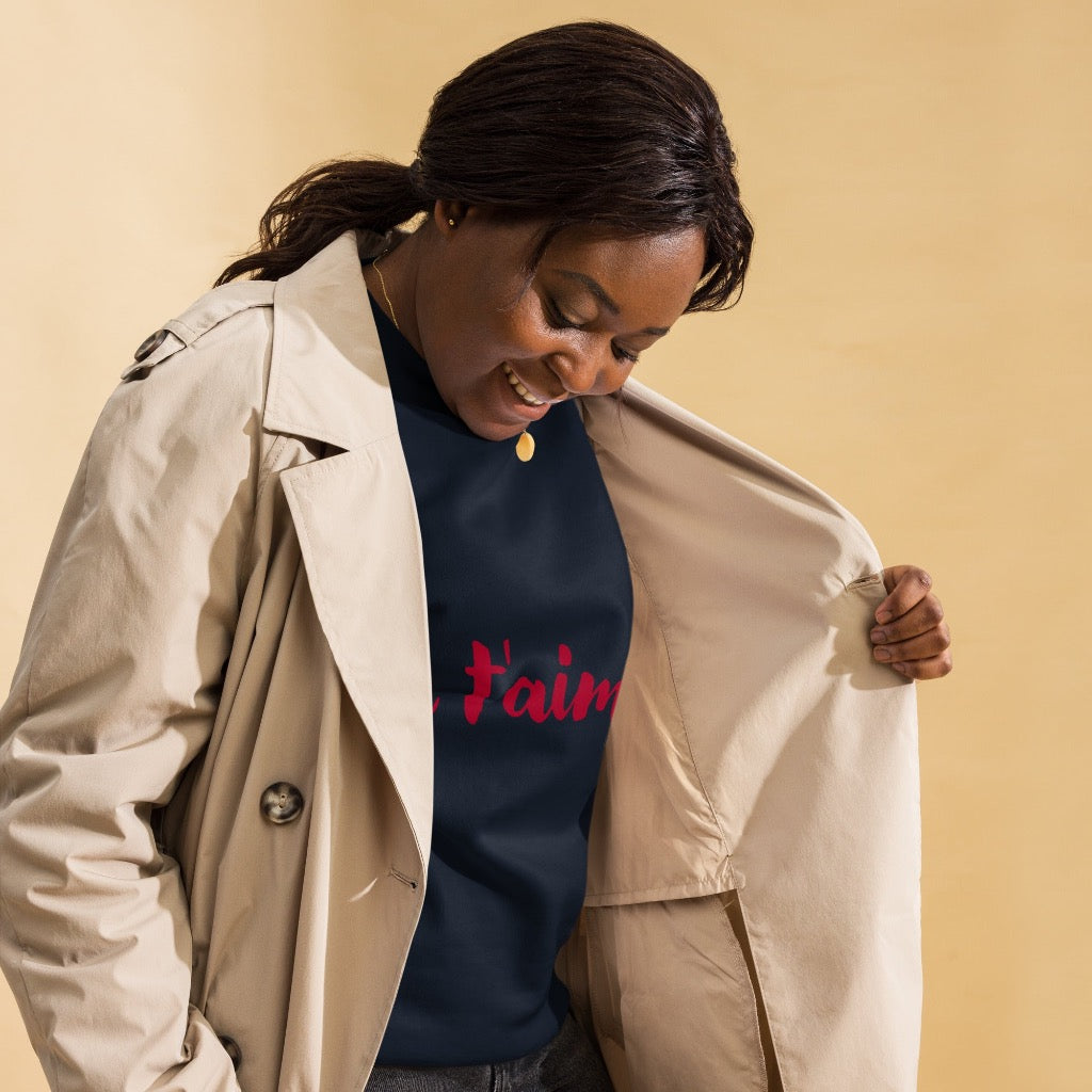 Woman in blazer wearing Je T'Aime Sweatshirt - Candice is 5 feet and 5 inches tall, wearing a size M