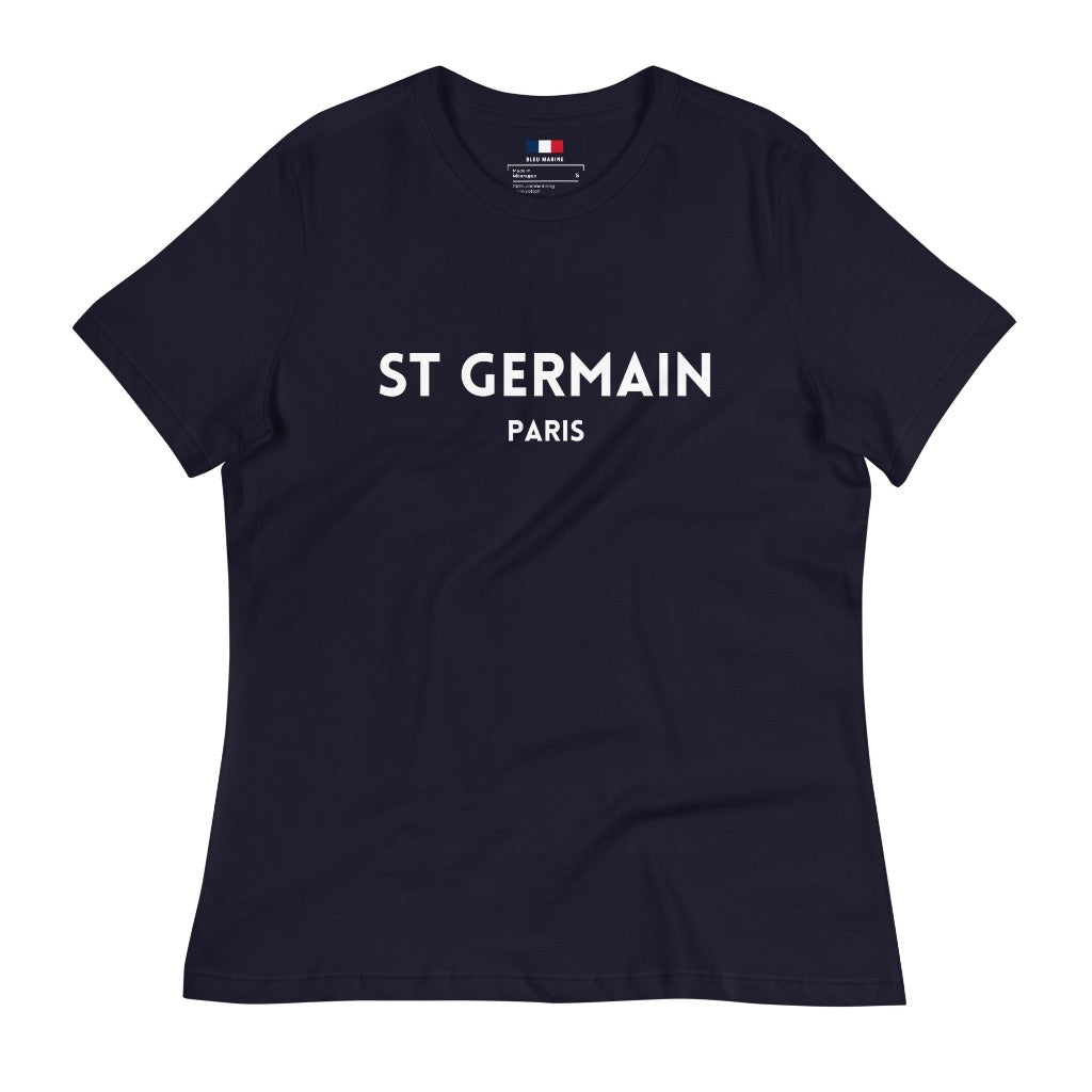 Women's Navy Blue T-Shirt with "ST GERMAIN Paris" printed on the front