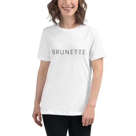 Woman wearing white t-shirt with "Brunette" printed on the front