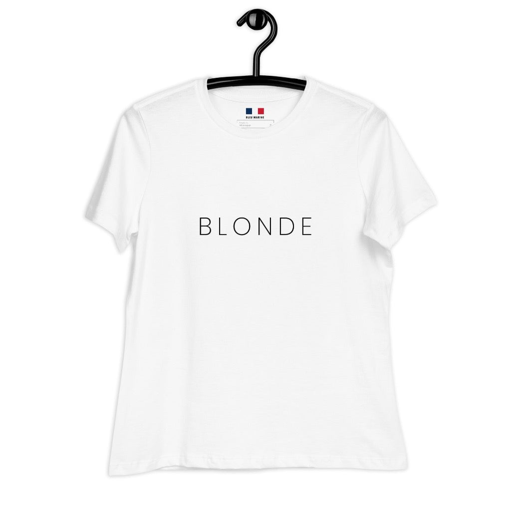 White T-Shirt with BLONDE printed on the front on hanger