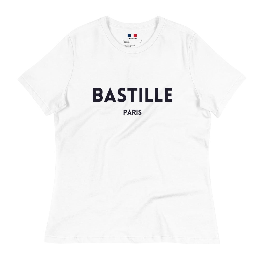 Women's White T-Shirt with "BASTILLE Paris" printed on the front