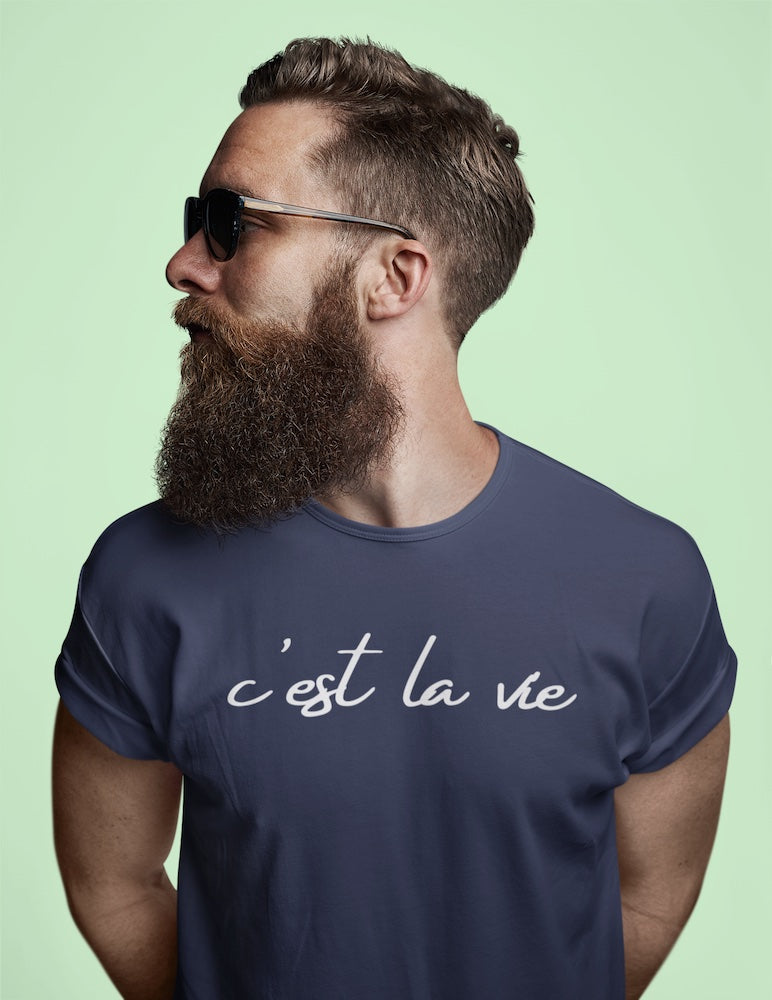 Man with beard wearing C'est la Vie T-Shirt in Navy Blue