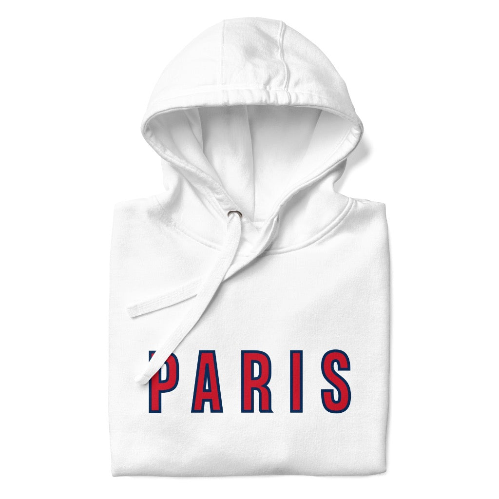 Folded White Hoodie with Paris printed on the front