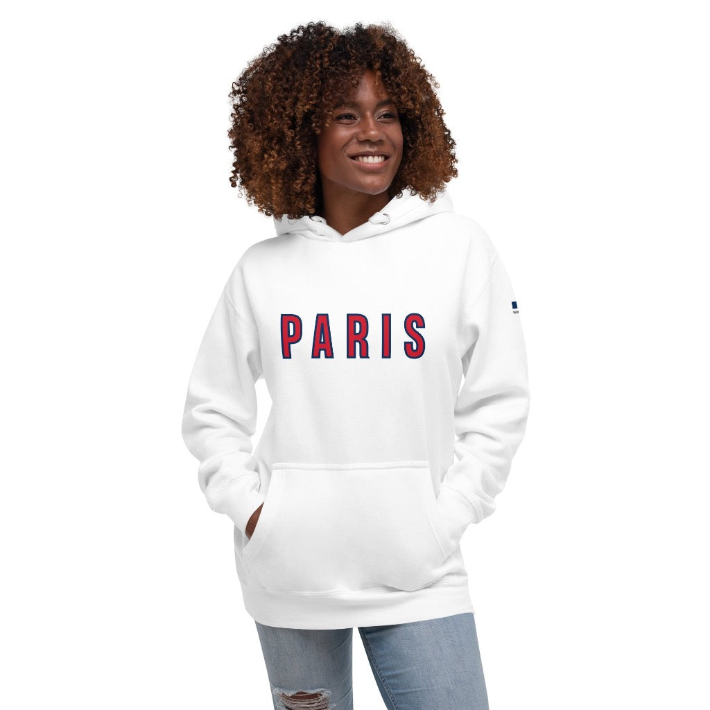 Woman wearing Paris White Hoodie