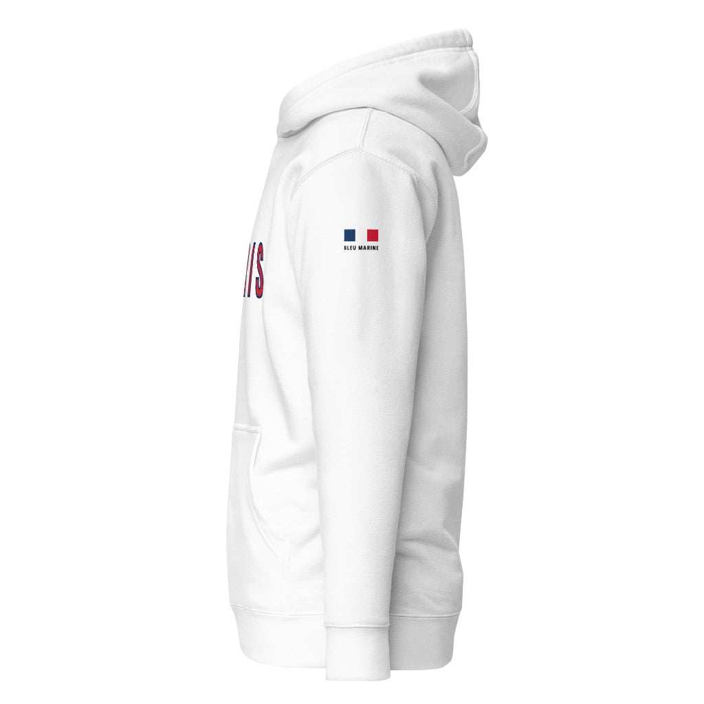 Side view of PARIS white hoodie