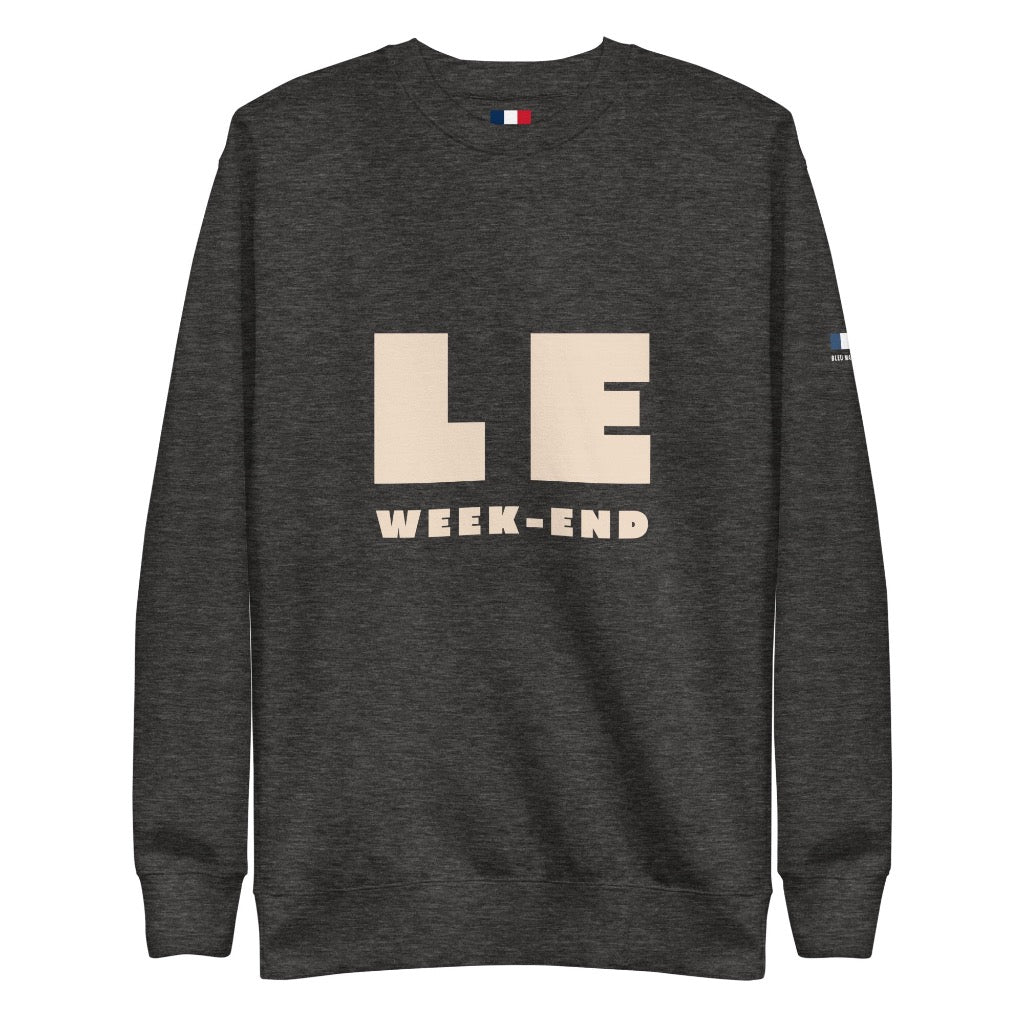 Charcoal Heather Sweatshirt with LE WEEK-END printed on the front