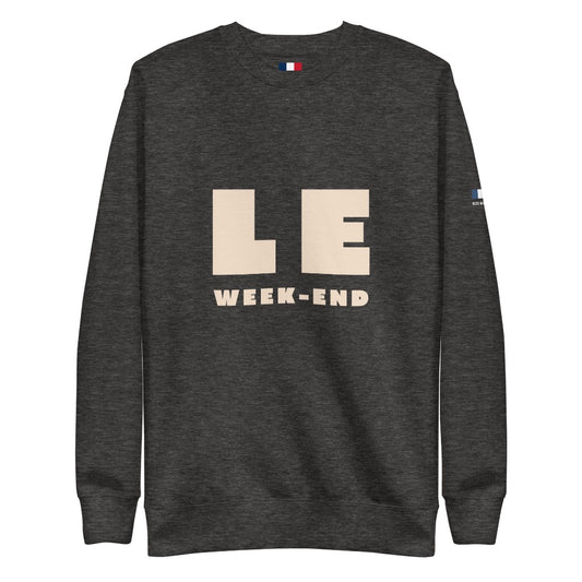 Charcoal Heather Sweatshirt with LE WEEK-END printed on the front
