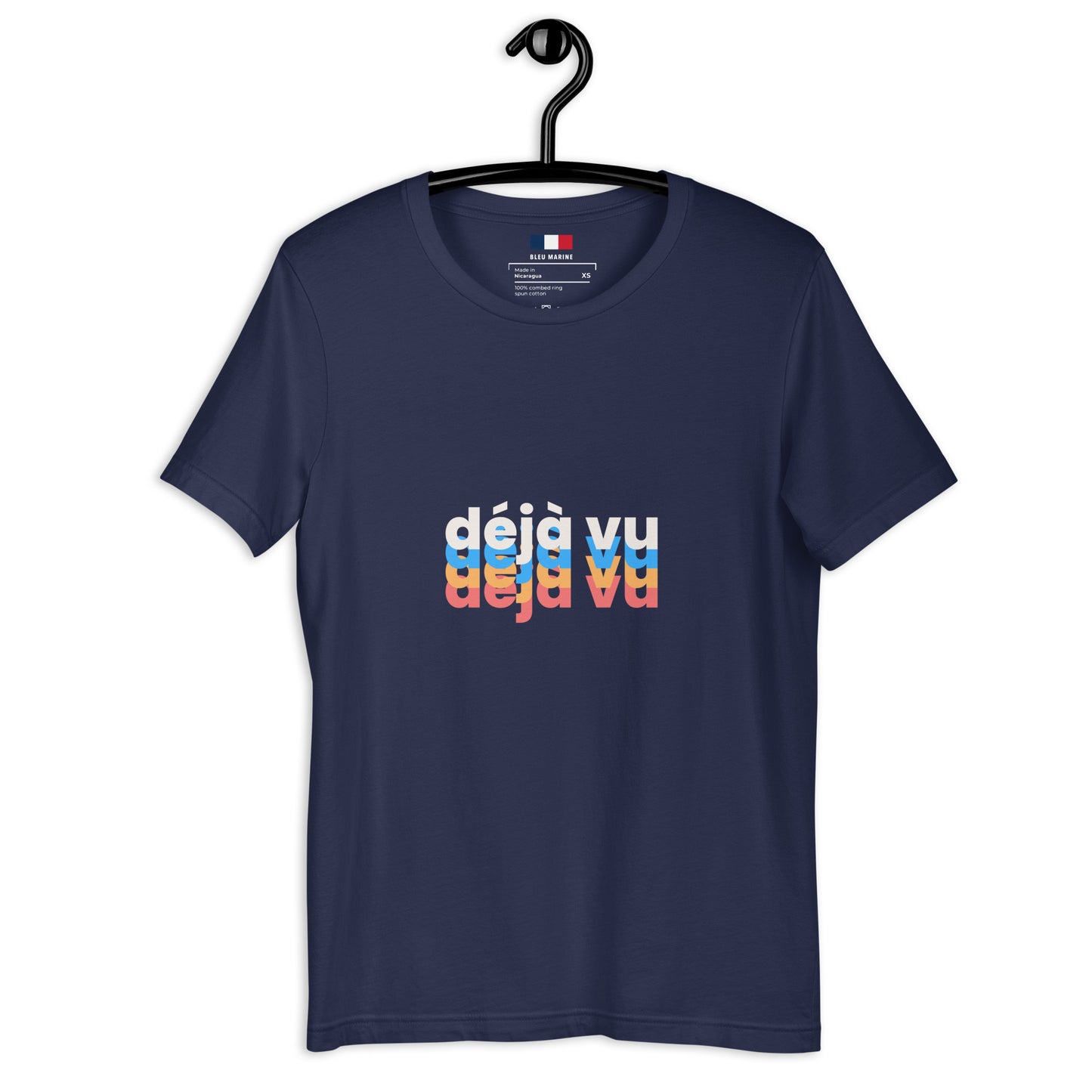 Navy blue t-shirt with "déjà vu" printed on the front on hanger