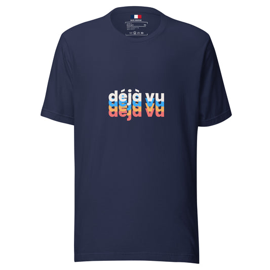 Navy blue t-shirt with "déjà vu" printed on the front