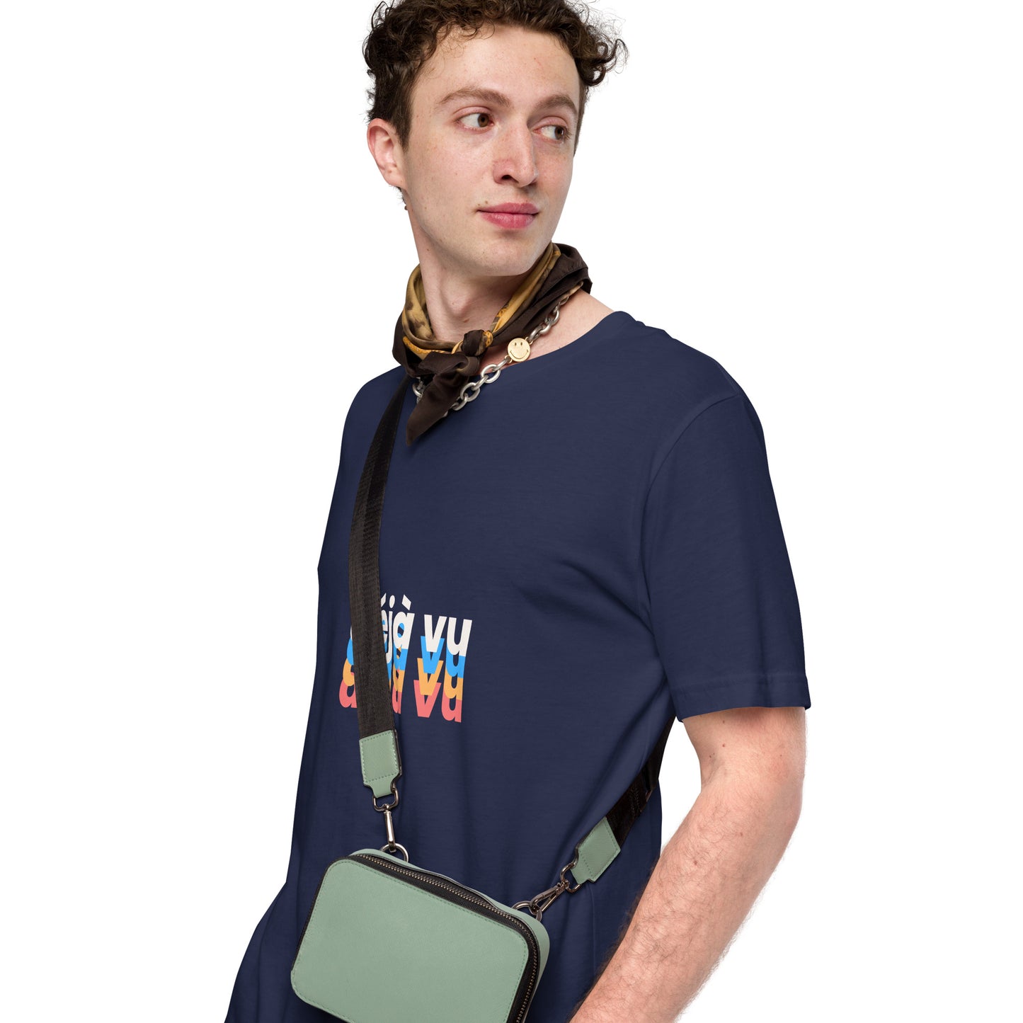 Standing man wearing the navy blue t-shirt with "déjà vu" printed on the front