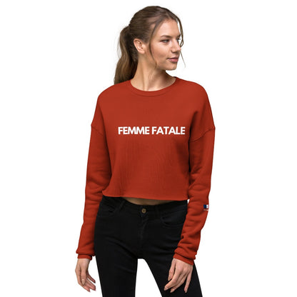 Woman wearing FEMME FATALE red cropped sweatshirt