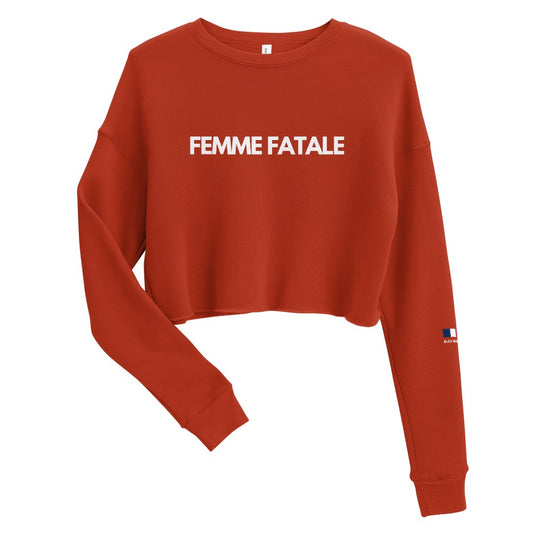 Red Cropped Sweatshirt with FEMME FATALE printed on the front