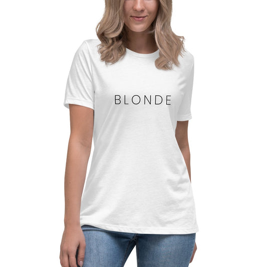 Woman wearing BLONDE White T-Shirt