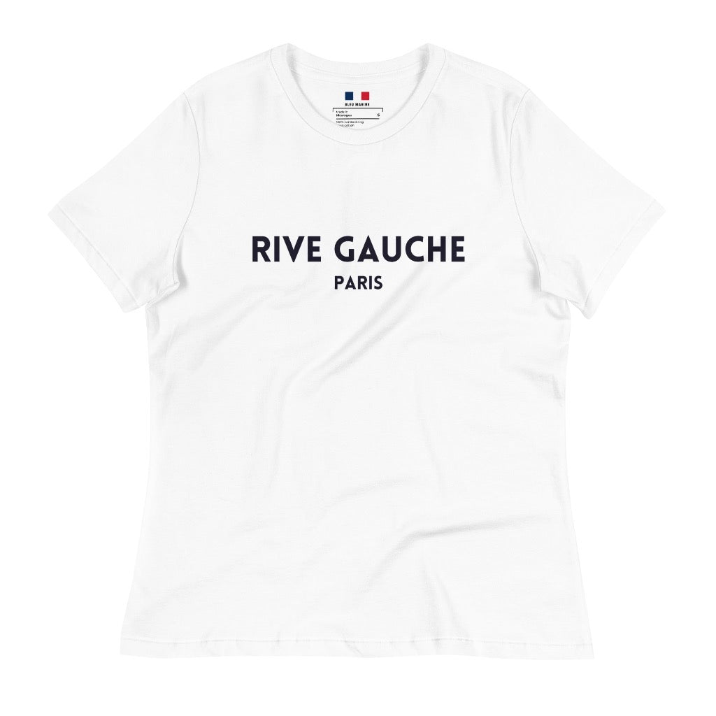 Women's White T-Shirt with "RIVE GAUCHE Paris" printed on the front
